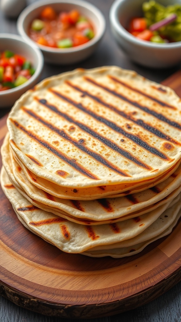Grilled tortillas with grill marks on a wooden board, accompanied by bowls of salsa and guacamole.